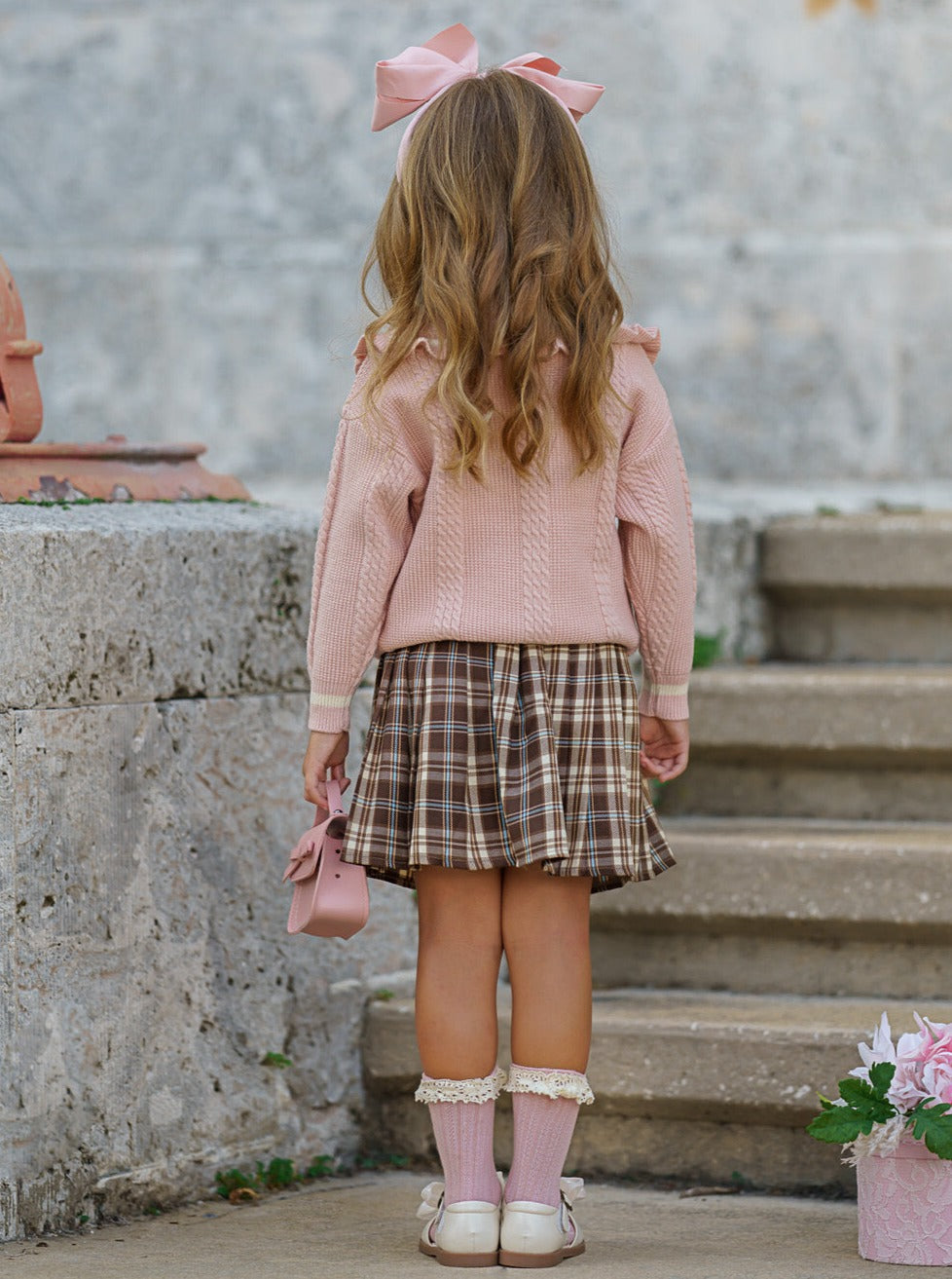 Smart Girls Rule Pink Knit Sweater & Checkered Skirt Set