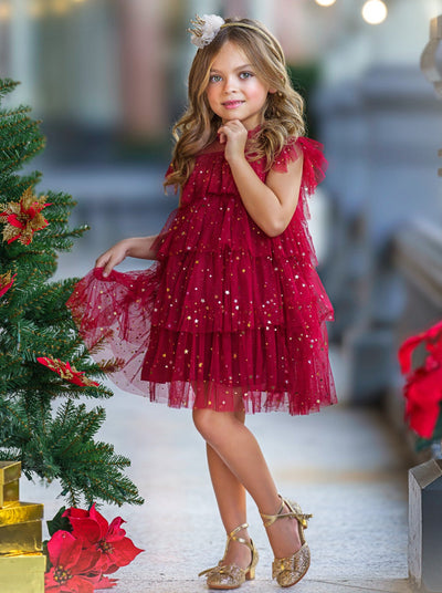 Mia Belle Girls Red Star Sequin Tiered Tulle Dress | Girls Dresses