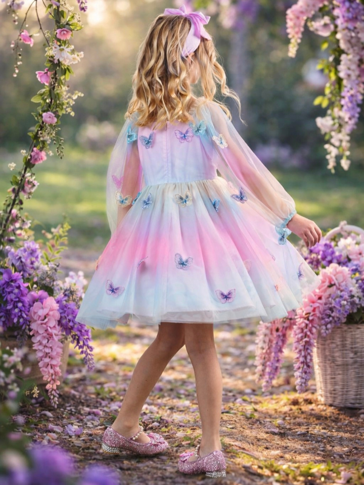Spring recital dress for girls with 3D butterflies