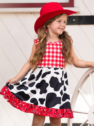 Mia Belle Girls Cow Print Ruffle Dress | Girls Cowgirl Dress