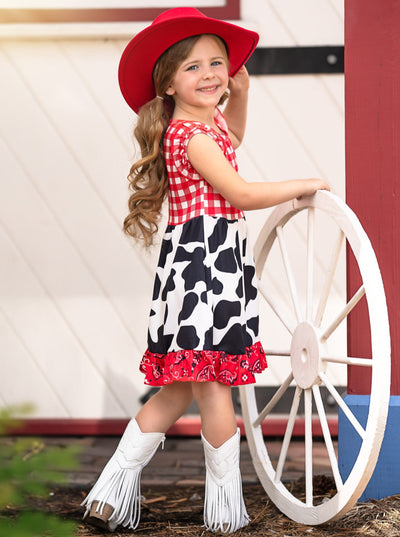 Mia Belle Girls Cow Print Ruffle Dress | Girls Cowgirl Dress