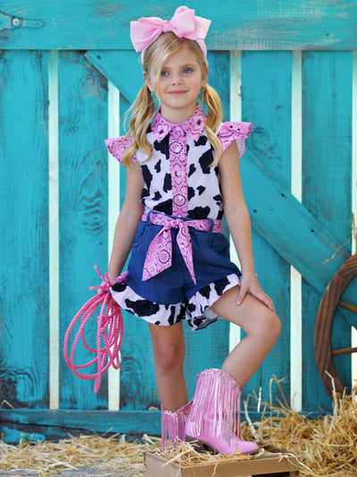 Mia Belle Girls Cow Print Denim Short Set | Girls Cowgirl Outfits