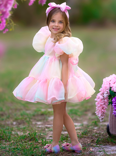 Mia Belle Girls Pastel Puff Sleeve Tulle Dress | Girls Spring Dresses