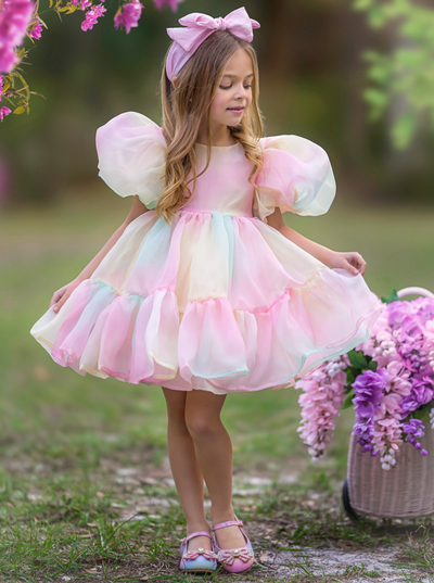 Mia Belle Girls Pastel Puff Sleeve Tulle Dress | Girls Spring Dresses