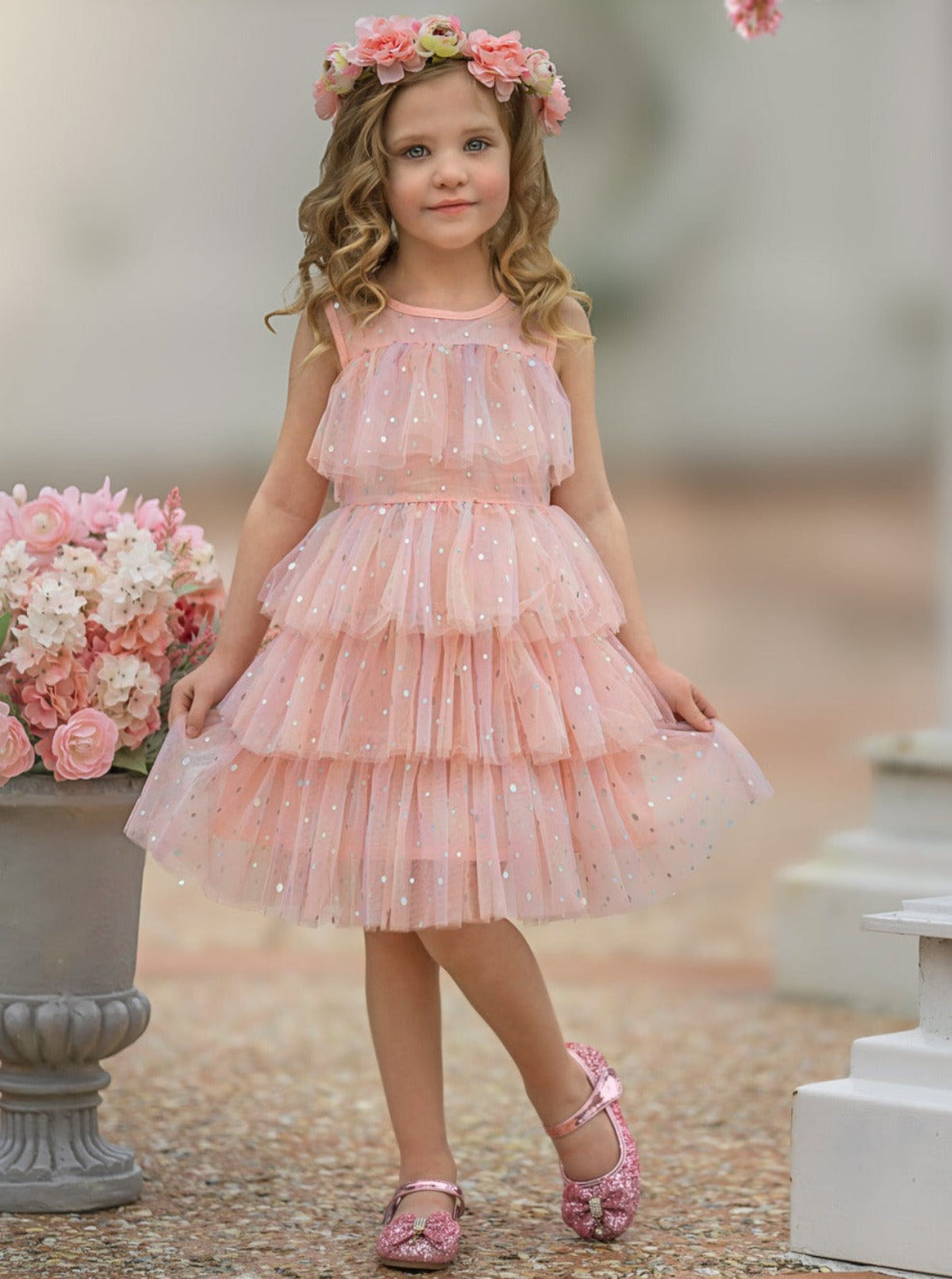 Mia Belle Girls Sequined Tiered Tulle Dress | Girls Spring Dresses
