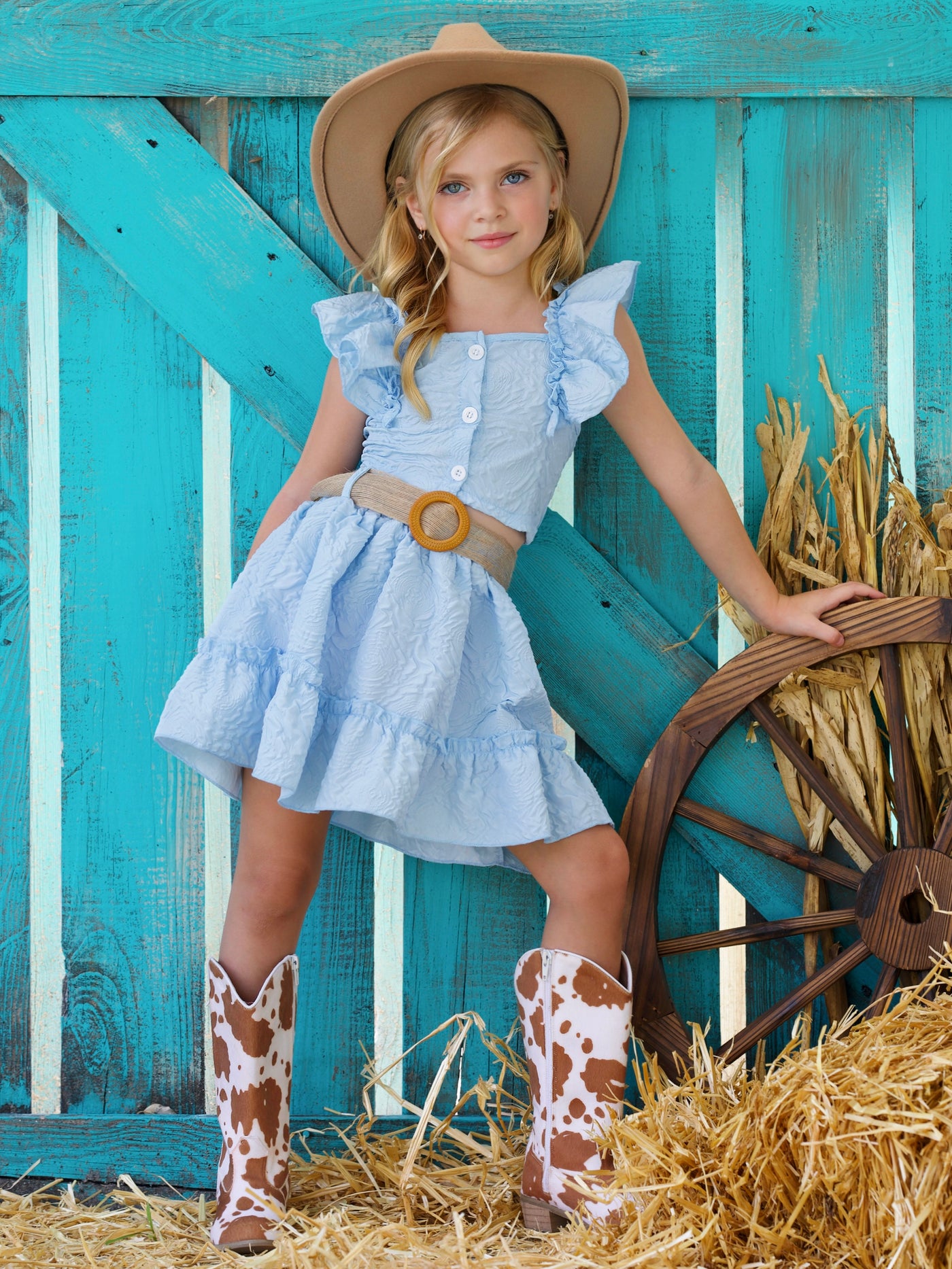 Giddy-Up Ruffled Top and Belted Skirt Set
