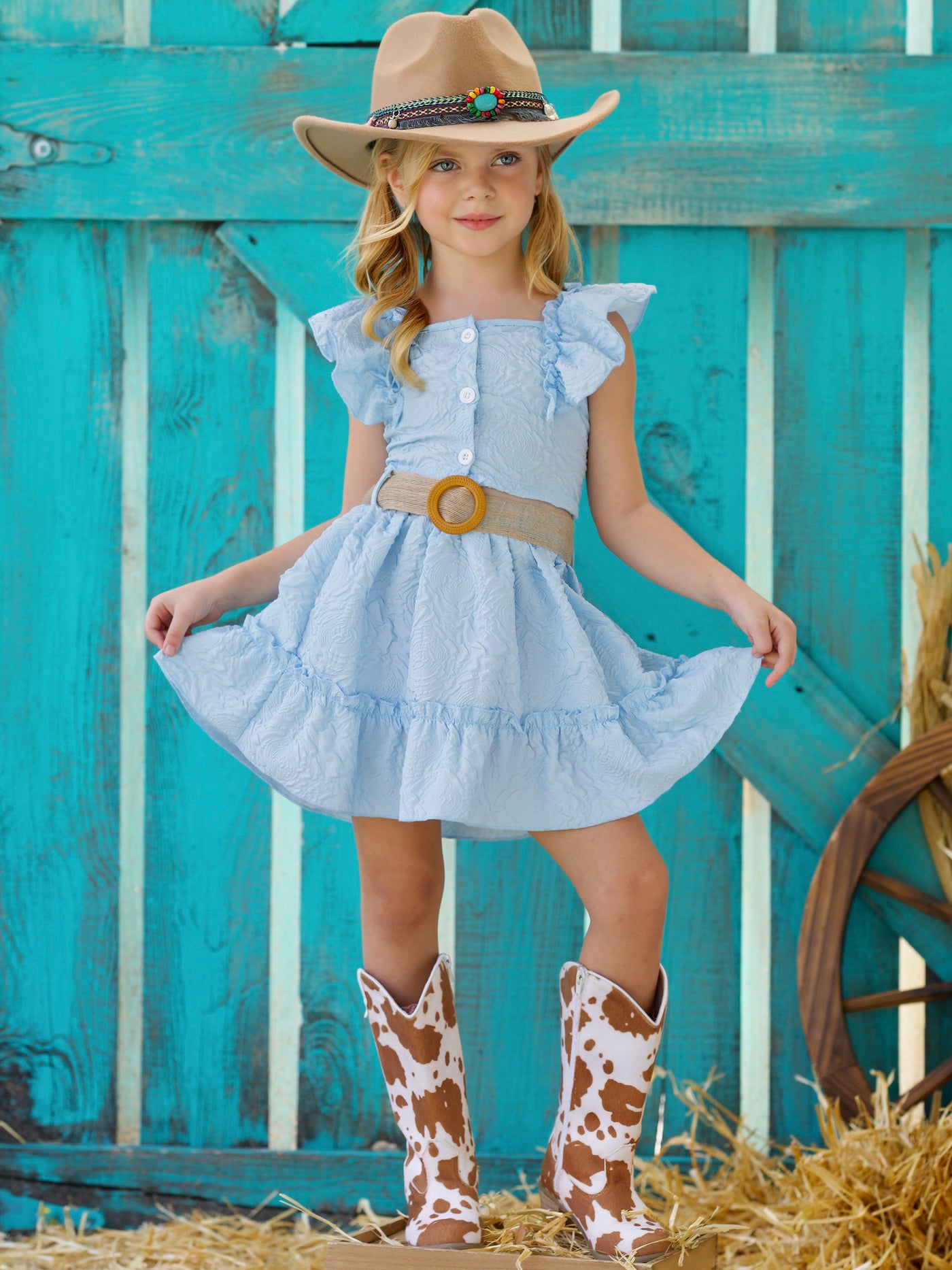 Mia Belle Girls Debossed Top And Skirt Set | Girls Cowgirl Outfits