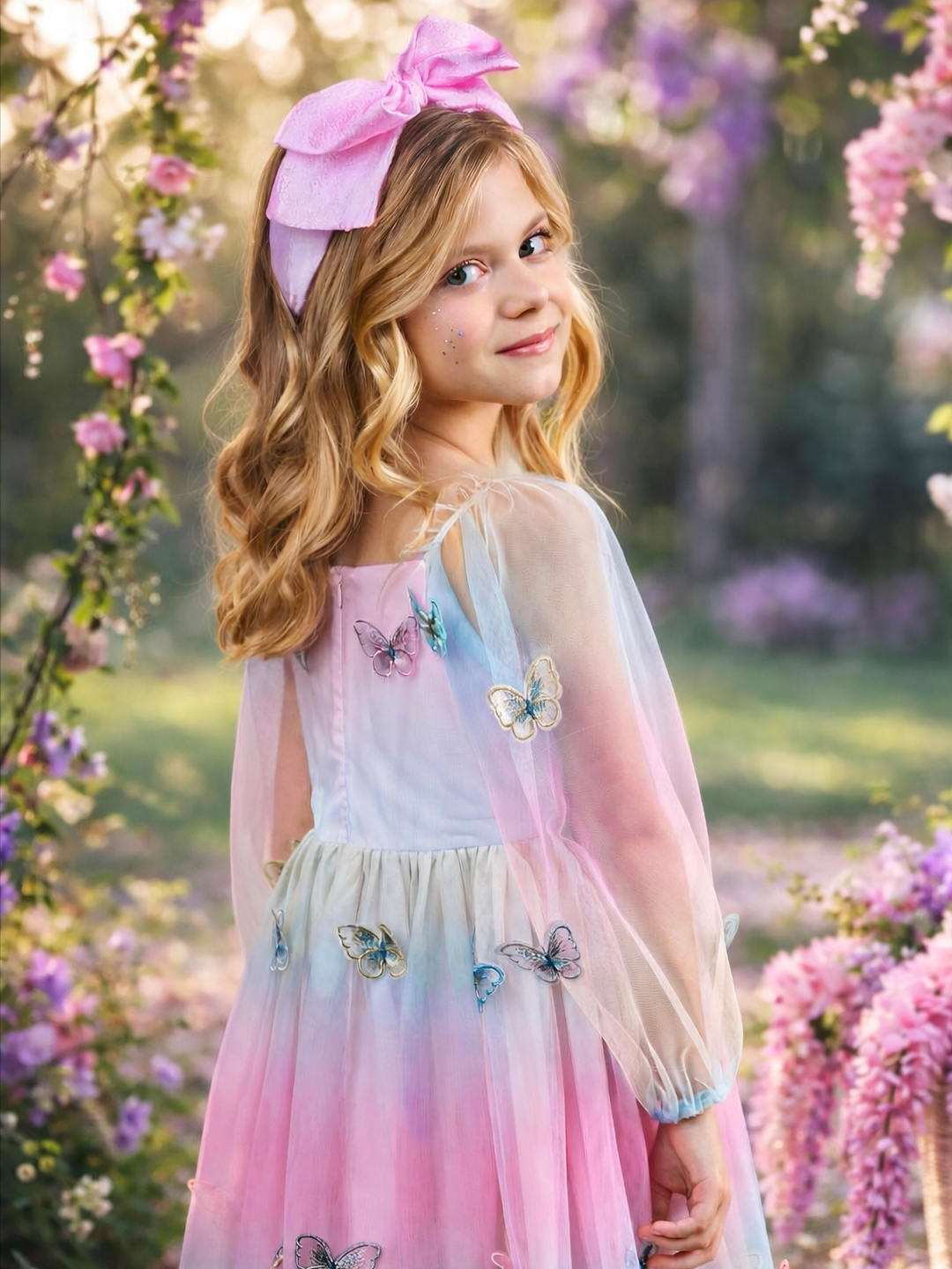 Sheer long sleeve girls Easter dress with butterflies