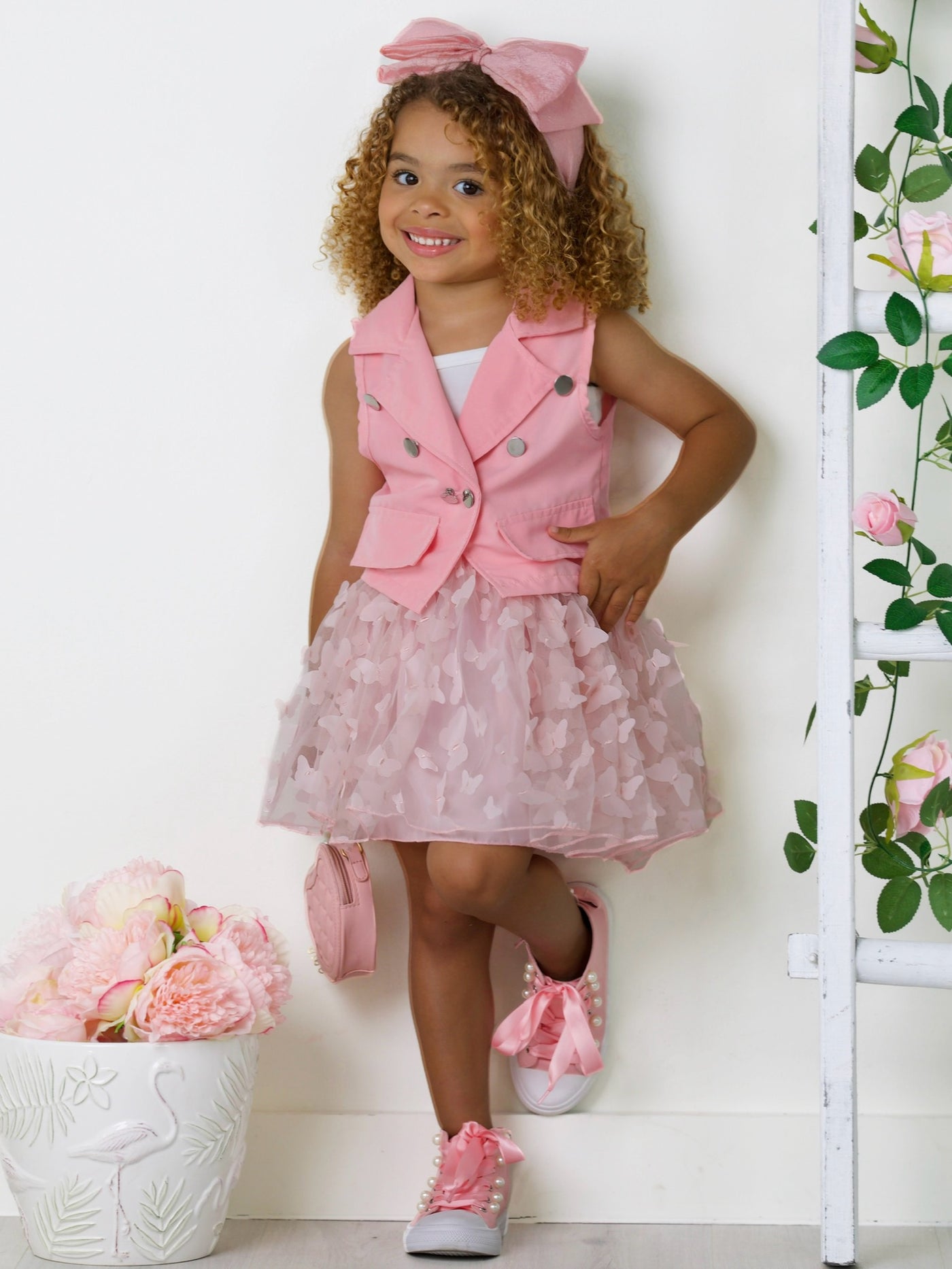 Pink Vest, Top, And Butterfly Skirt Set | Mia Belle Girls Spring Sets