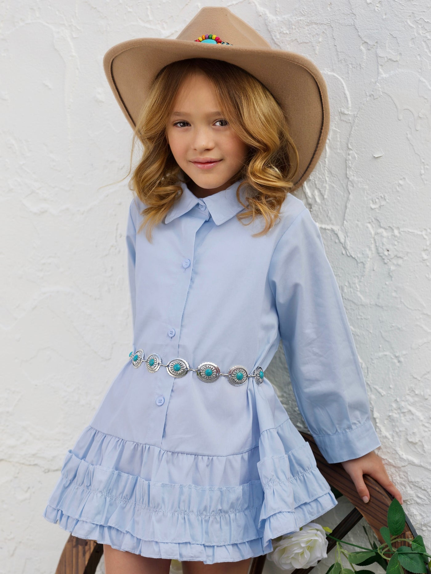 Mia Belle Girls Blue Long Sleeve Ruffled Dress | Girls Spring Outfits