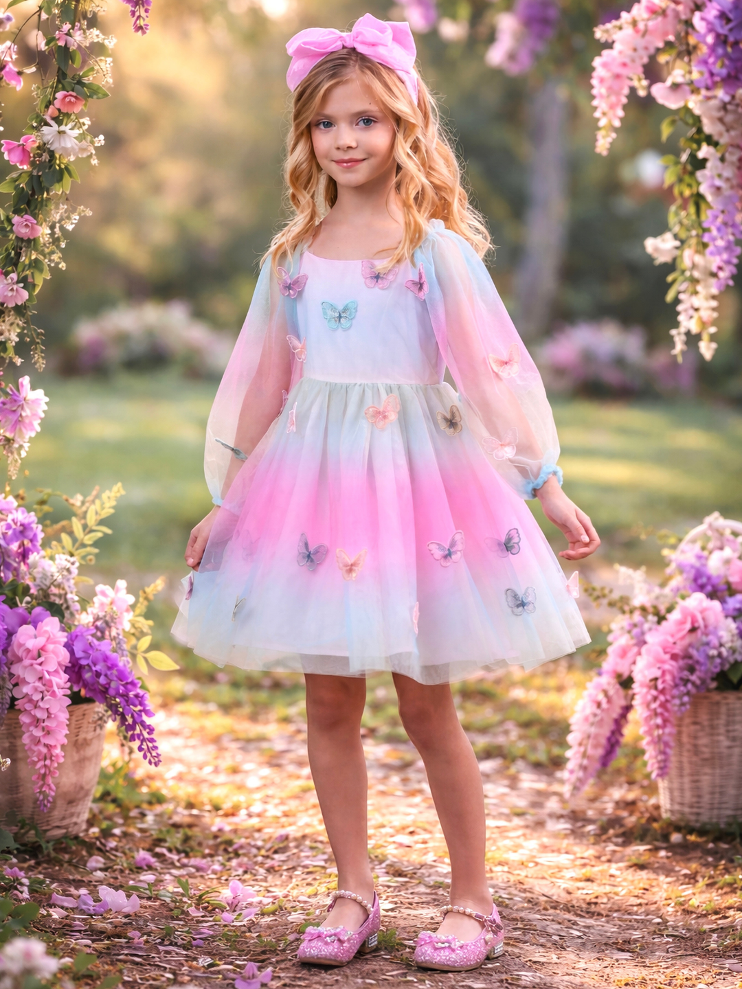 Ombré pink and blue butterfly dress for spring pictures