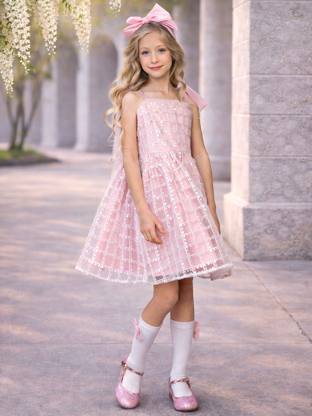 Pink graduation dress for girls with structured skirt
