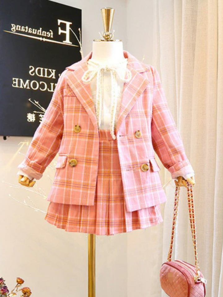 Not-So-Clueless Pink Plaid Blazer and Pleated Skirt Set