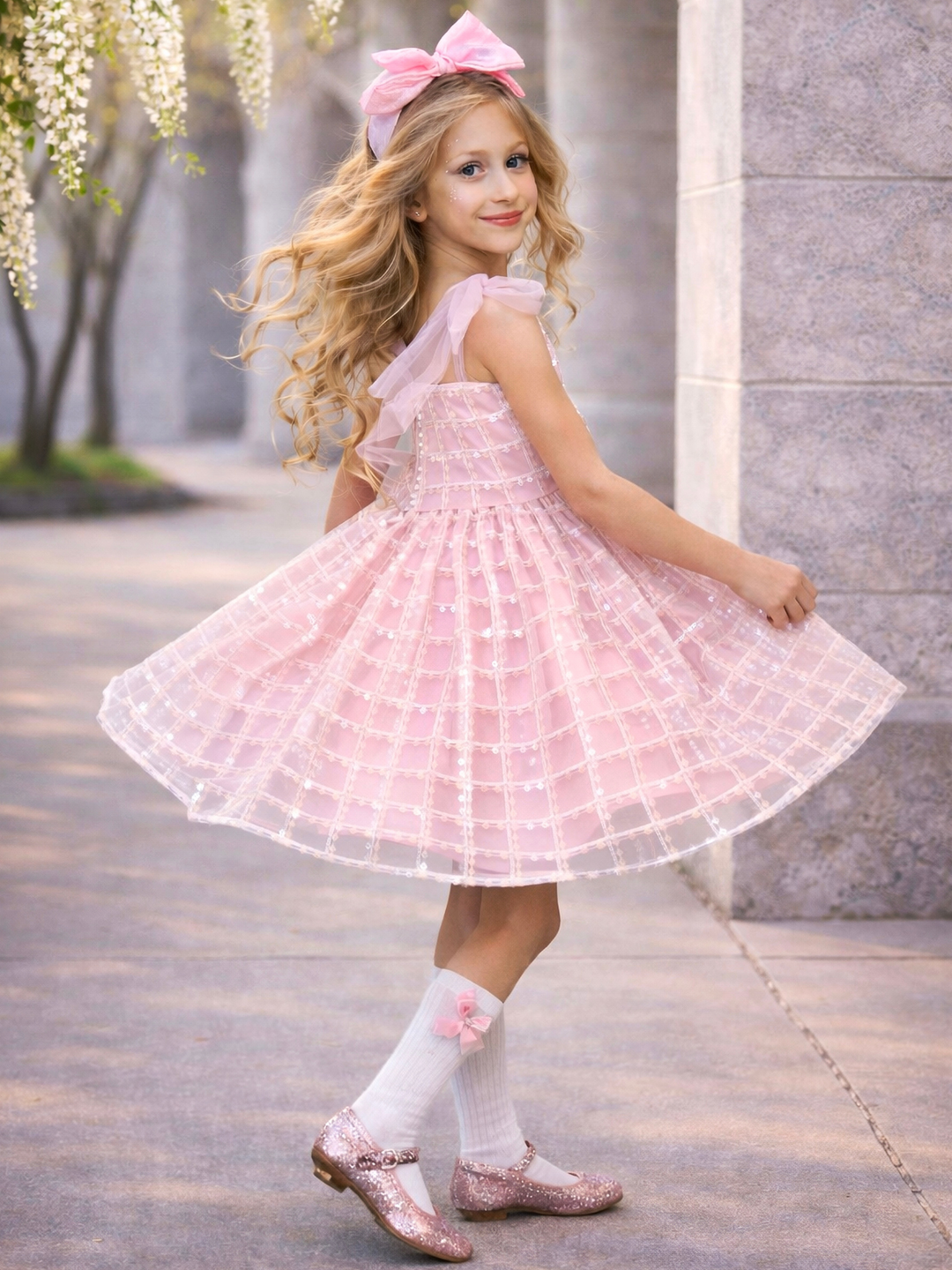 Girls blush pink shimmer dress for Easter and graduation