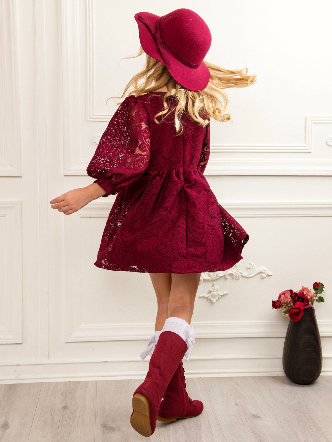 Cranberry Lace Puff Sleeve Dress