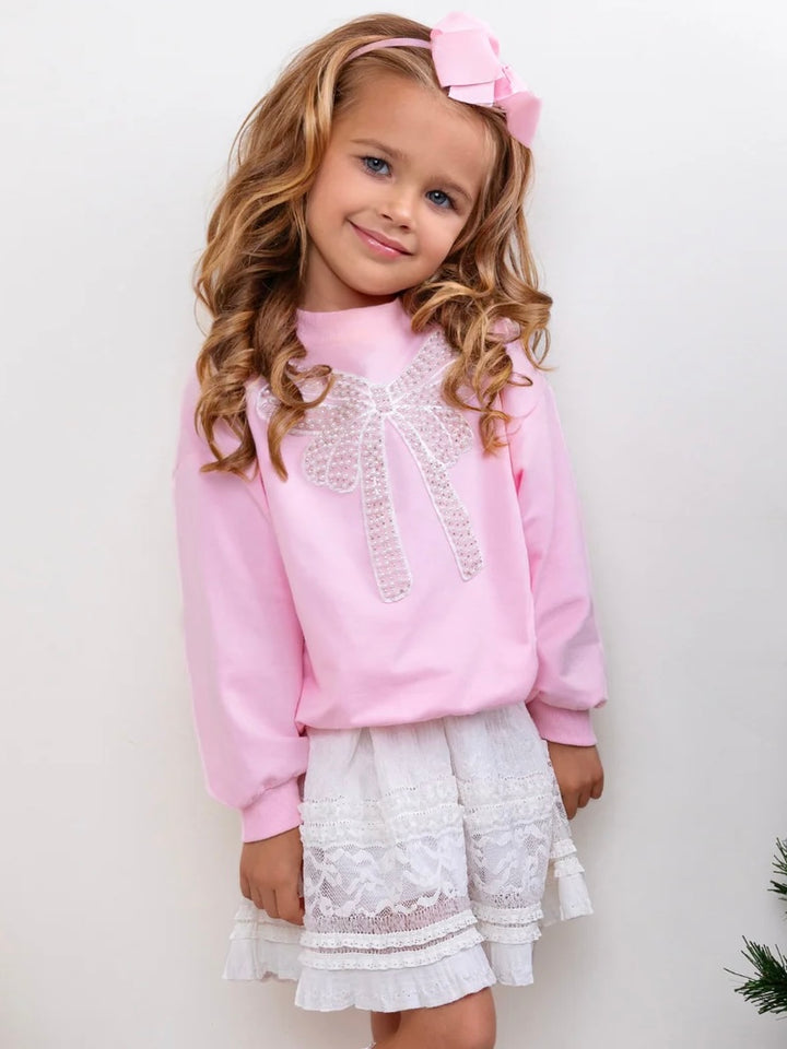 Pretty in Pink Pearl Bow Top and Lace Skirt Set
