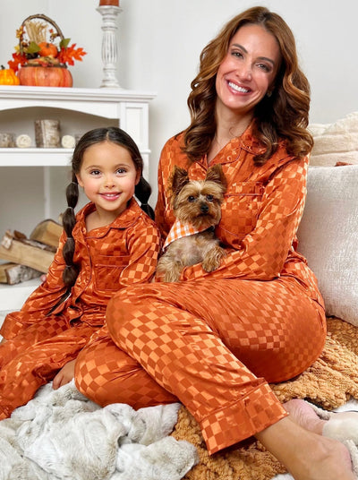 Mia Belle Girls Rust Checkered Silk Pajamas | Mommy and Me Pajamas