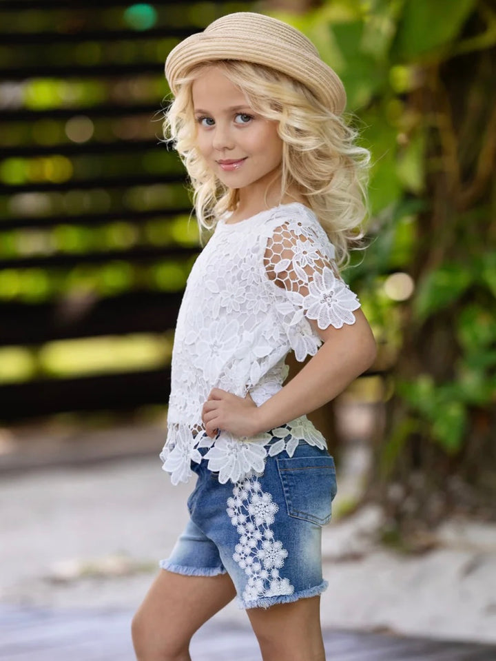 Lovely In Lace White Top and Denim Short Set