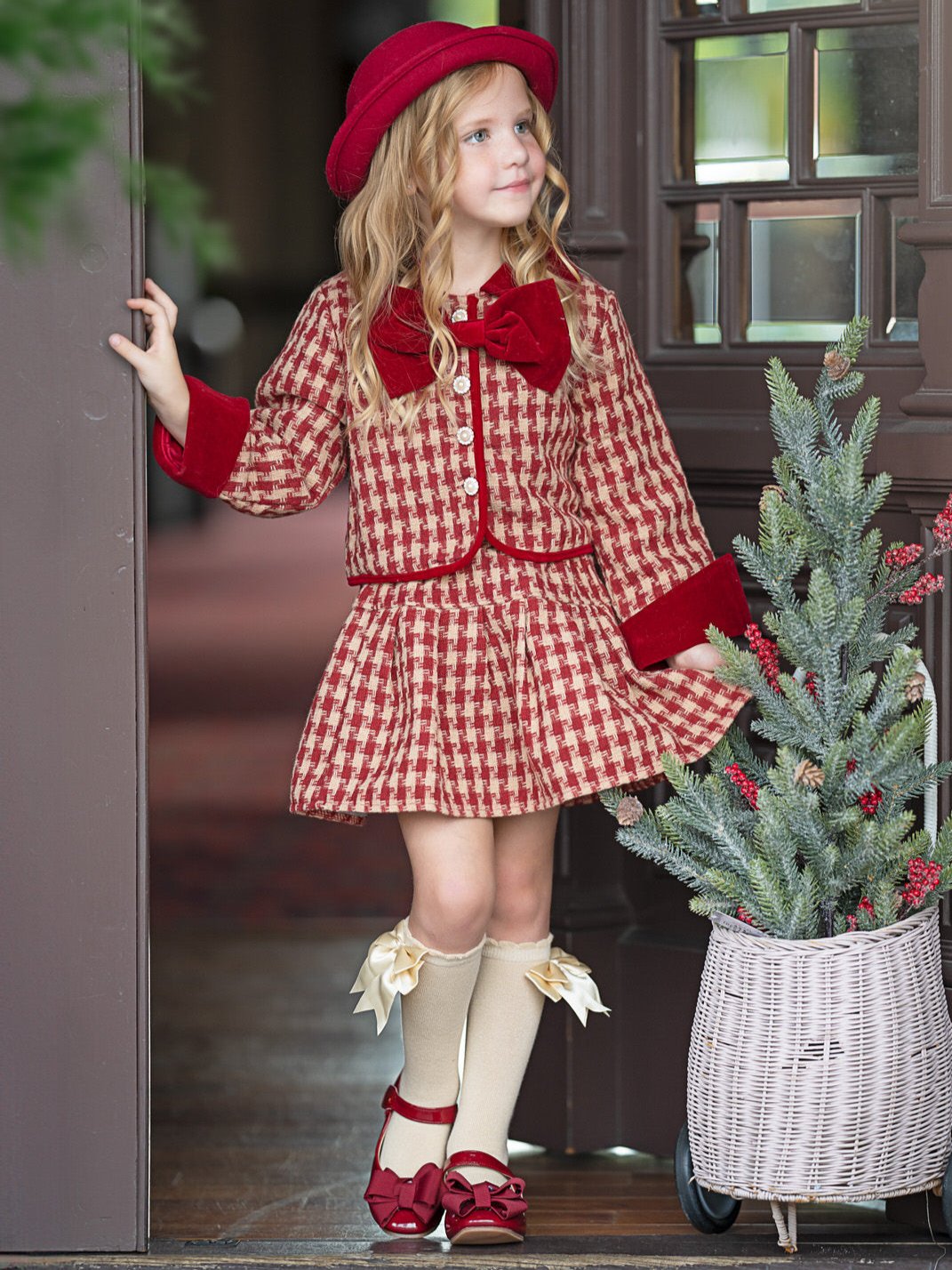 Adorable Red Velvet and Plaid Jacket and Skirt Set – Mia Belle Girls