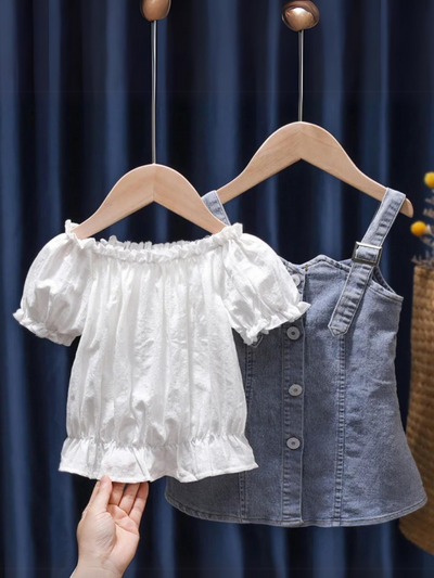 Mia Belle Girls Ruffled Denim Overall Dress Set | Girls Summer Outfits