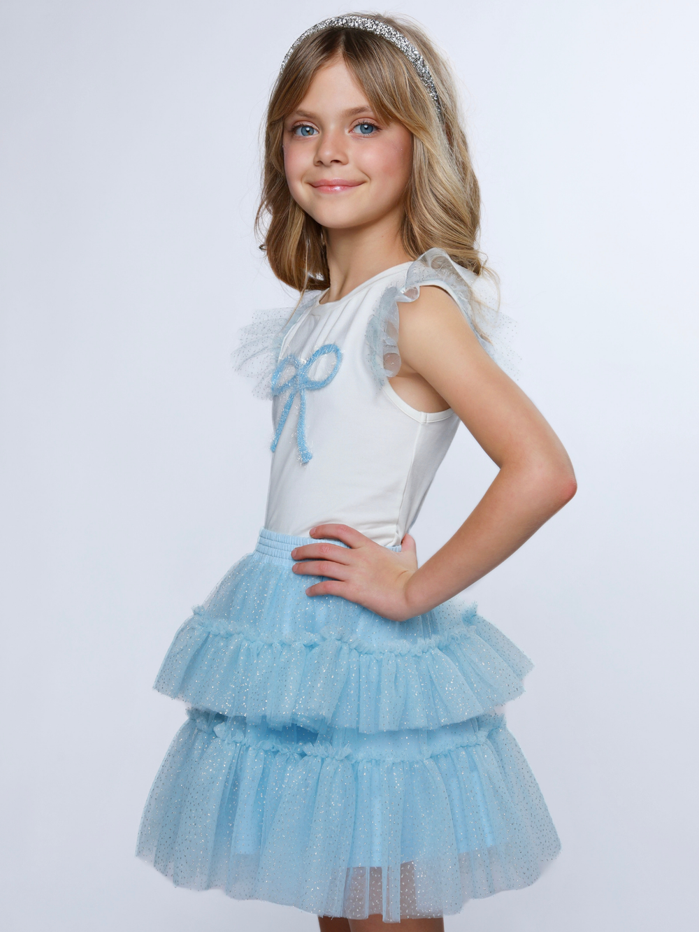 Light blue sparkle tutu skirt set with bow design top
