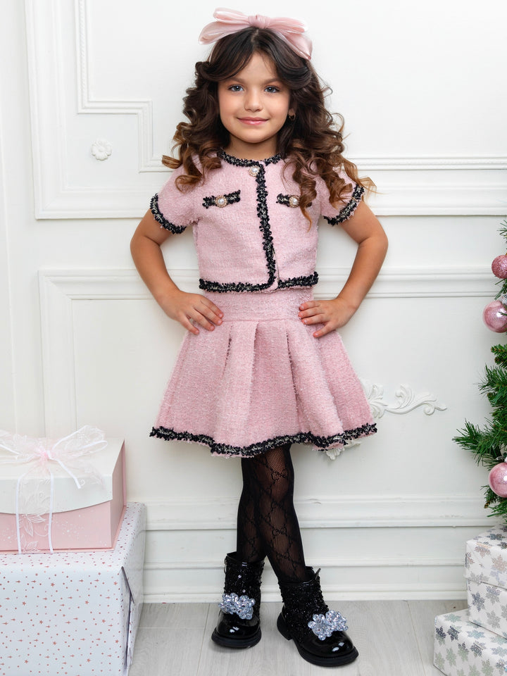 Pink Preppy Boucle Matching Jacket and Pleated Skirt Set