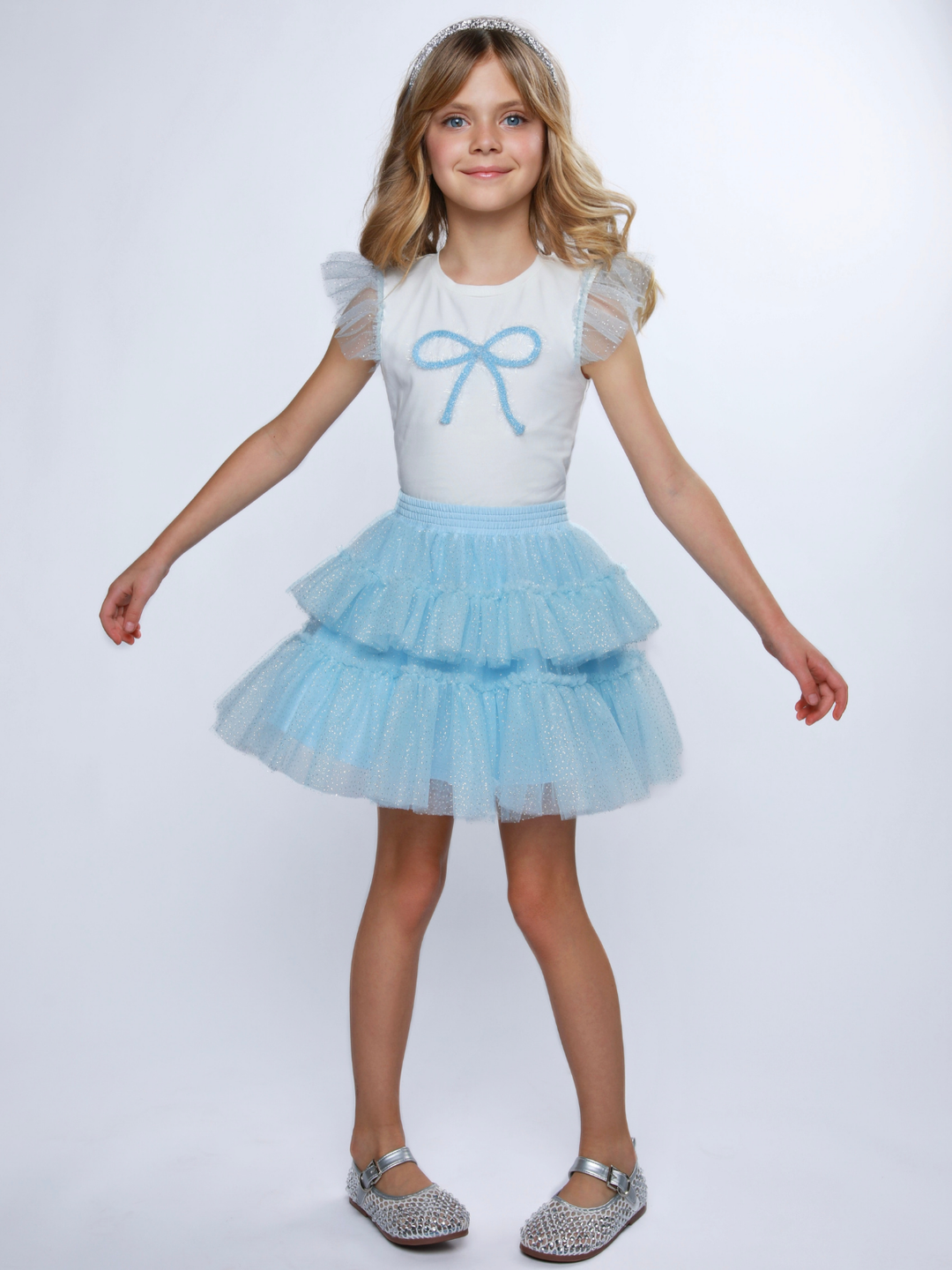 Kids blue layered tutu skirt with white bow top outfit