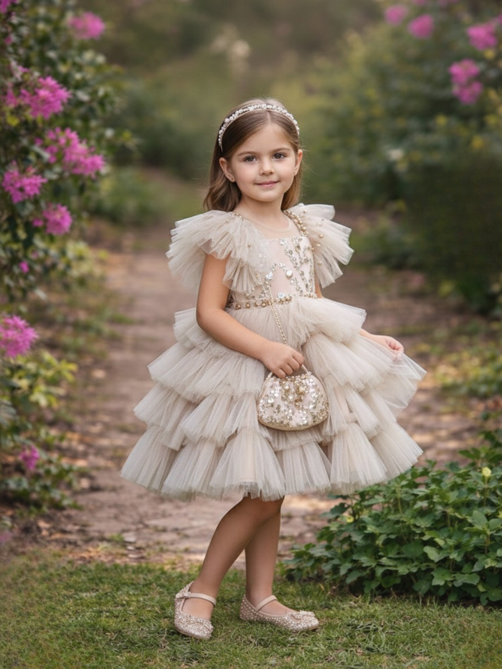 Champagne Sparkle Tulle Tiered Ruffle Party Dress