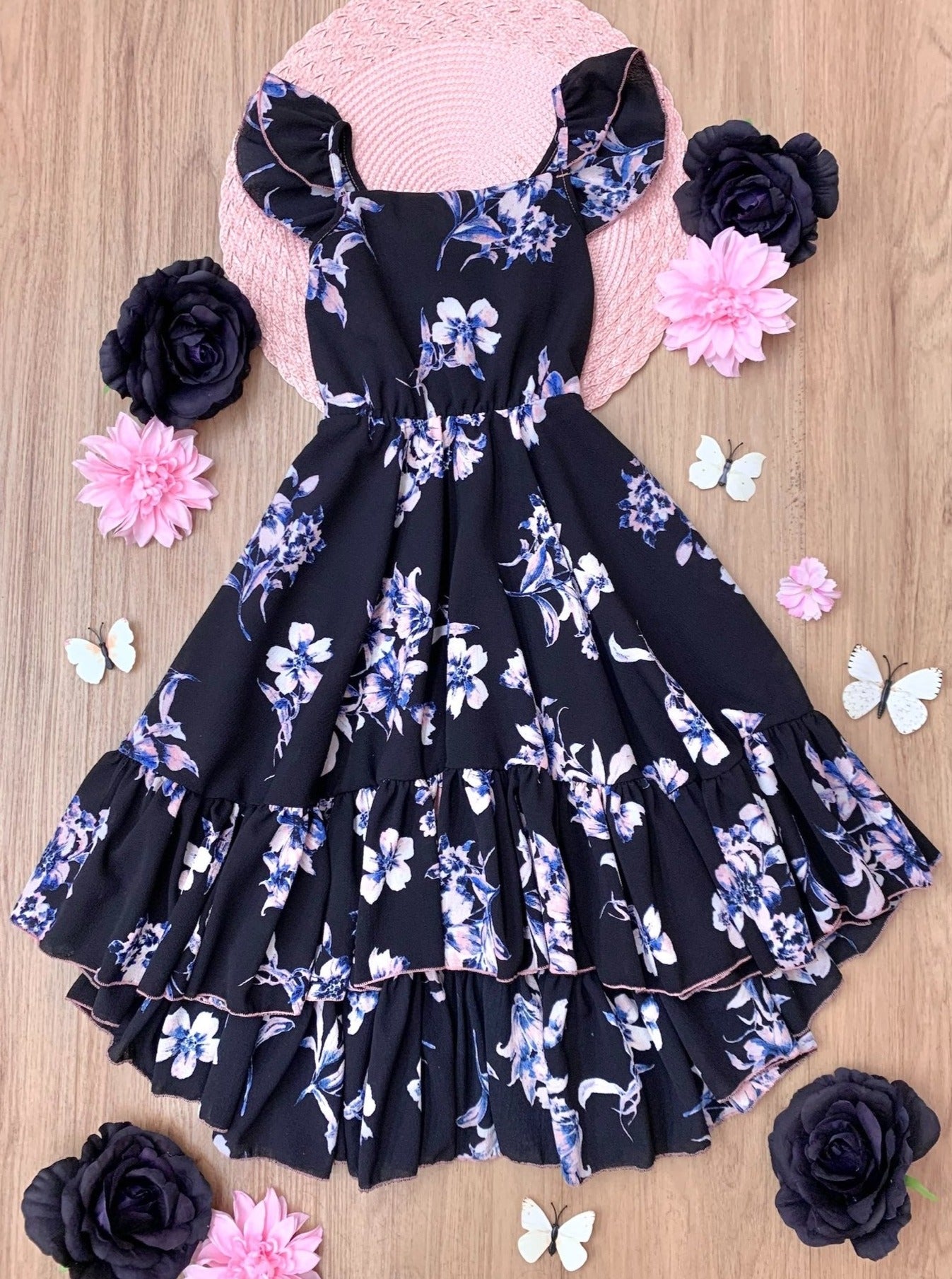 Mia Belle Girls Floral Hi-Lo Ruffle Dress | Girls Spring Dresses