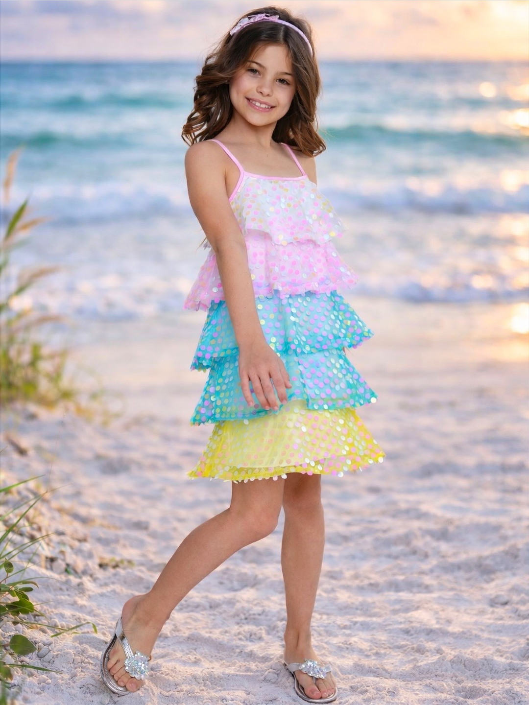 girls rainbow sparkle dress with tiered ruffle skirt