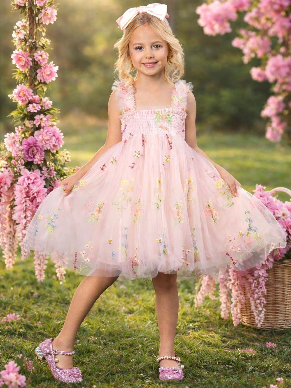 Whimsical pink tulle dress for girls wedding guest outfit