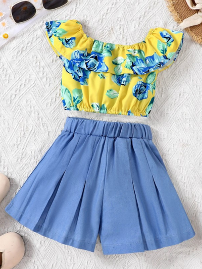 Floral Top & Blue Pleated Short Set | Summer Outfits | Mia Belle Girls