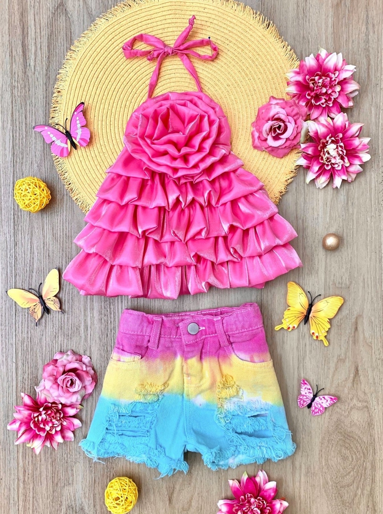 In Full Bloom Pink Rose Tiered Top And Shorts Set