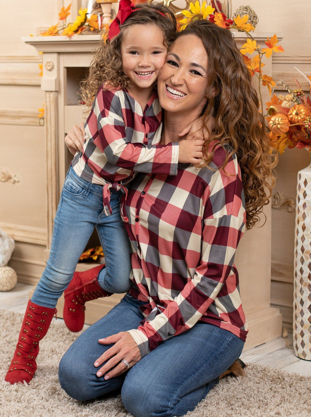 Mommy and Me Matching Tops Plaid Knot Hem Tops Mia Belle Girls