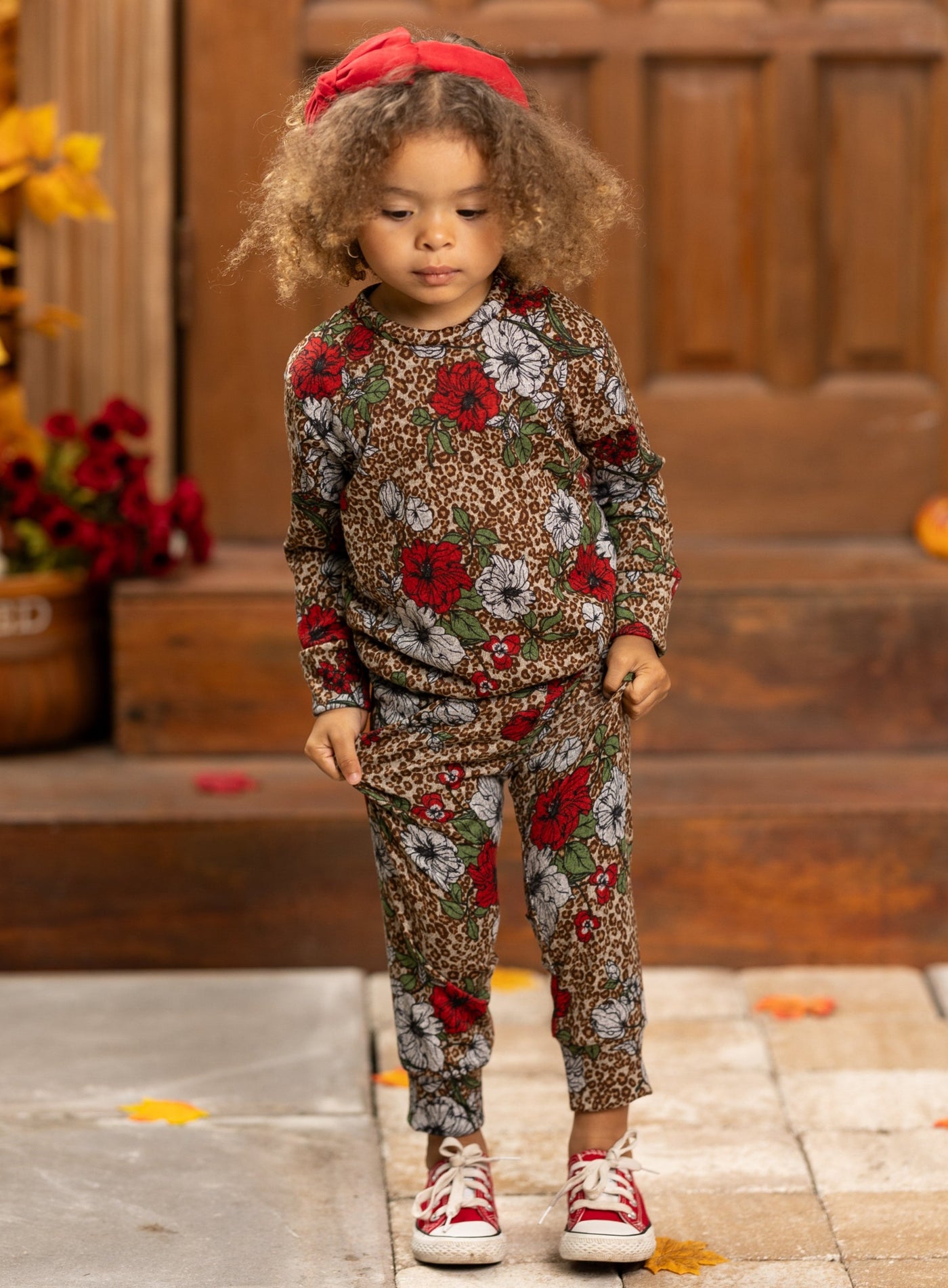 Cute Winter Sets | Girls Leopard Floral Print Jogger Loungewear Set