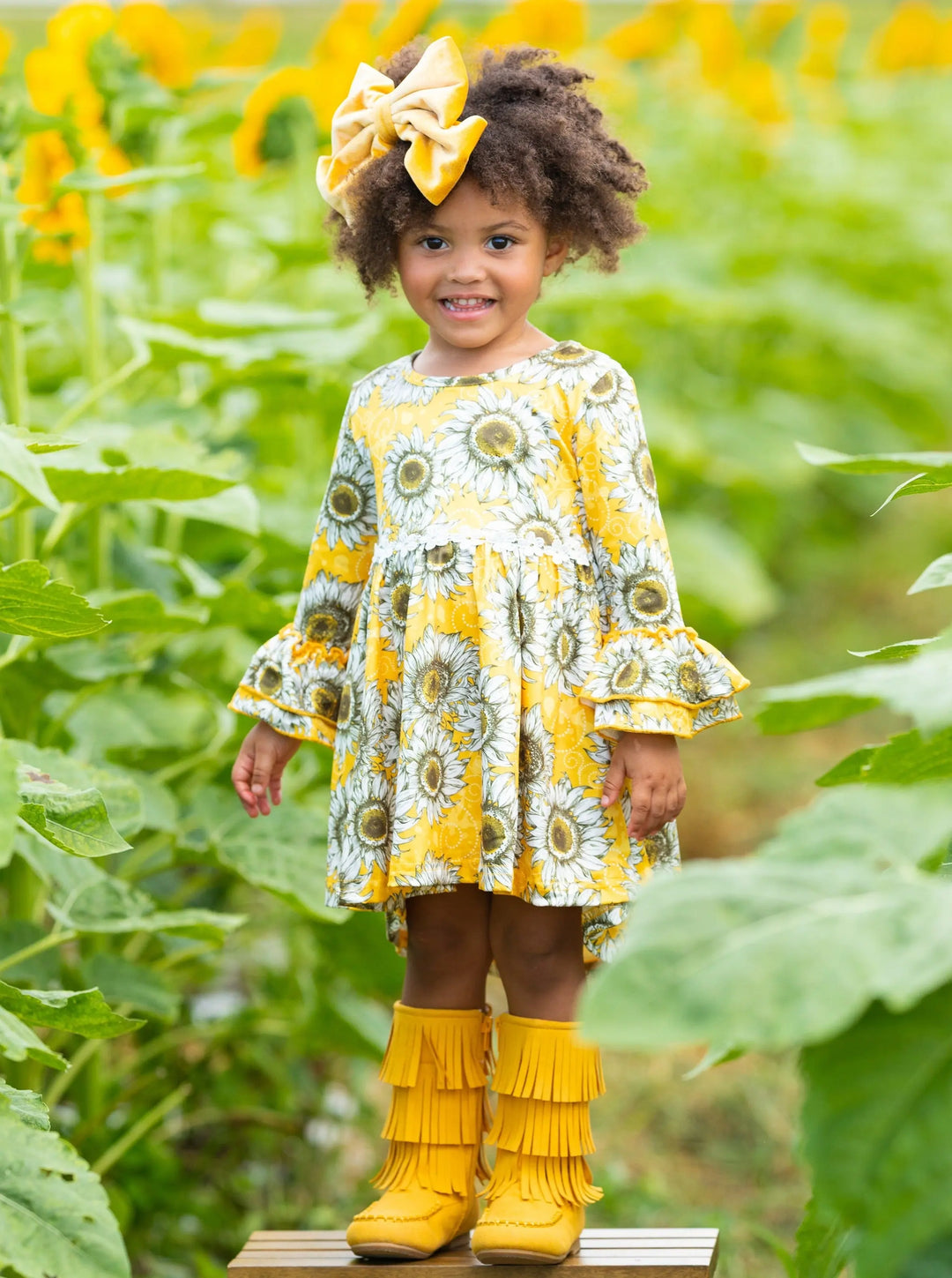 Toddler Fall Dresses | Little Girls Hi-Lo Sunflower Ruffle Dress Mia Belle Girls Toddler Fall Dresses | Little Girls Hi-Lo Sunflower Ruffle Dress Mia Belle Girls