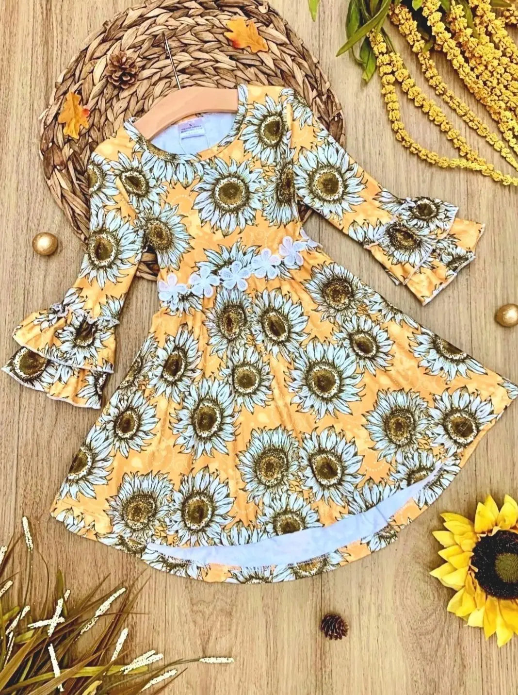Toddler Fall Dresses | Little Girls Hi-Lo Sunflower Ruffle Dress Mia Belle Girls Toddler Fall Dresses | Little Girls Hi-Lo Sunflower Ruffle Dress Mia Belle Girls