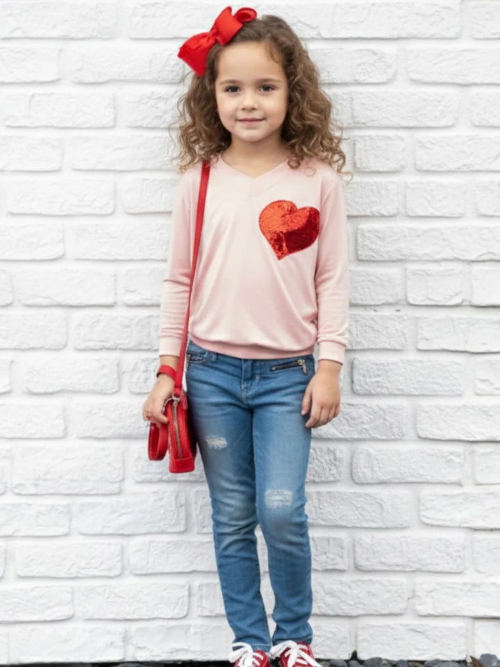 Valentine's Day Sequin Heart Long Sleeve Pink Top