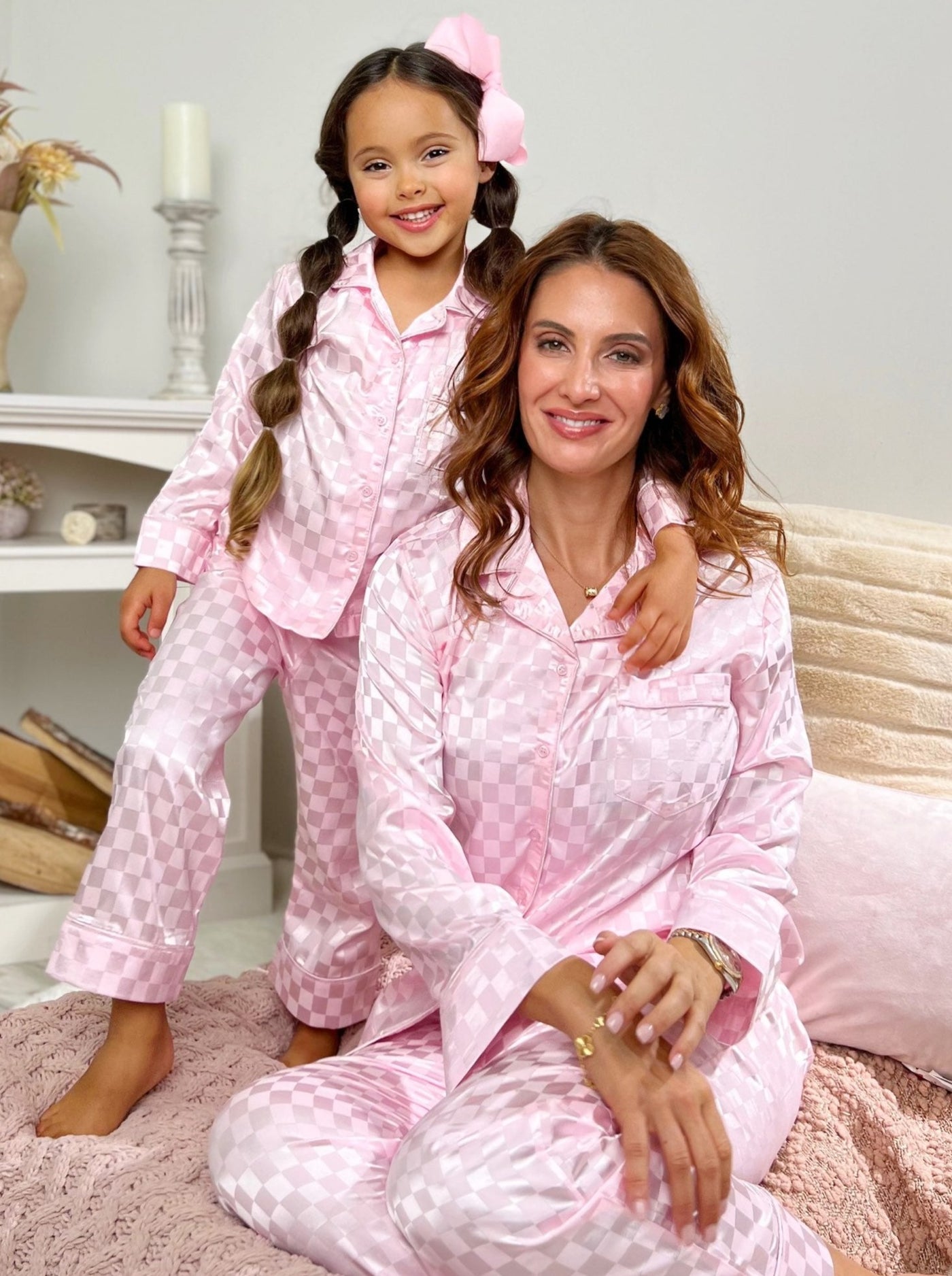 Mia Belle Girls Rust Checkered Silk Pajamas