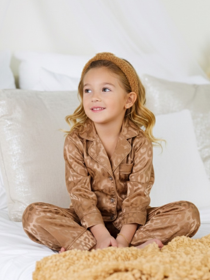 Girls Gold Leopard Print Silky Pajama Set