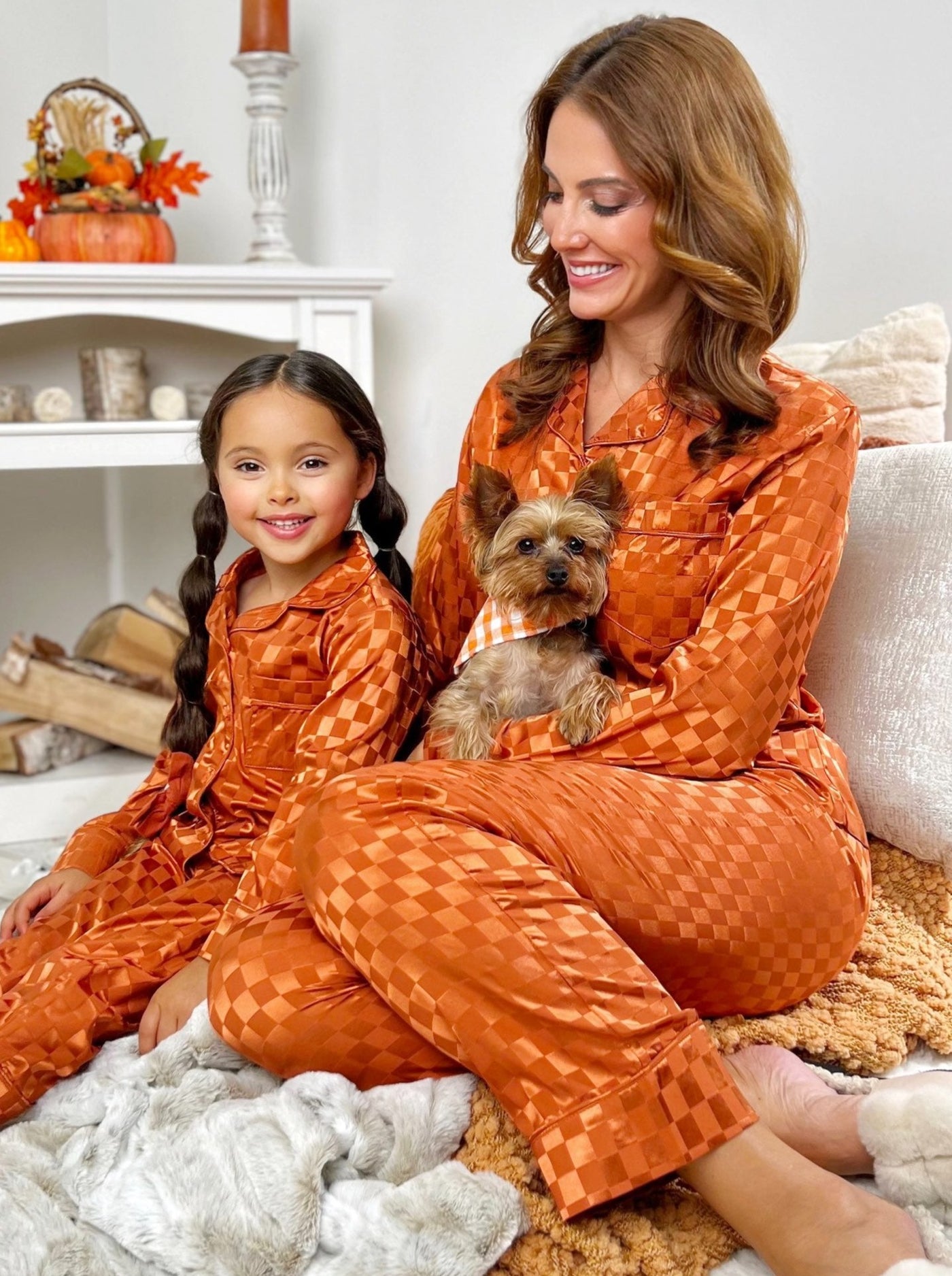 Mia Belle Girls Rust Checkered Silk Pajamas | Mommy and Me Pajamas
