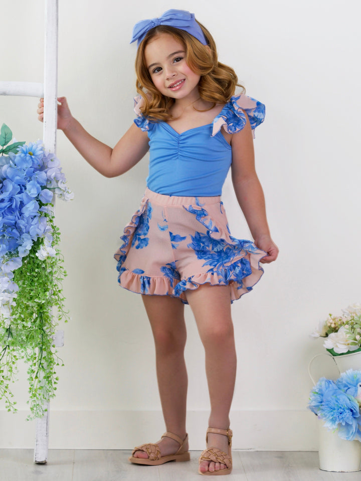 Boho Bloom Ruffle Sleeve Top and Floral Shorts Set