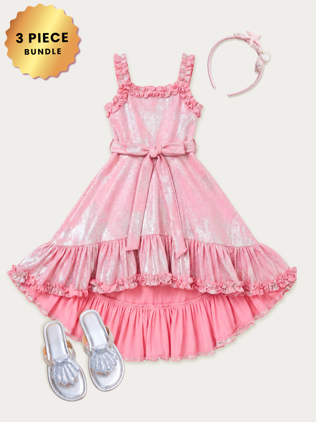 Shimmering Pink Mermaid Hi-Lo Dress Complete Look 3-Piece Set