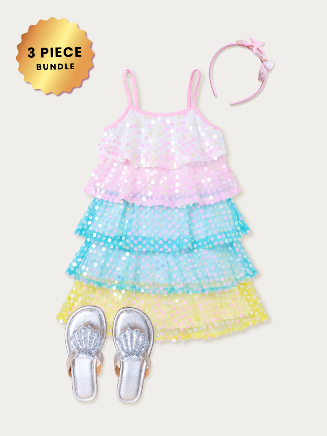 Pastel Rainbow Sequin Dress Complete Look 3-Piece Set
