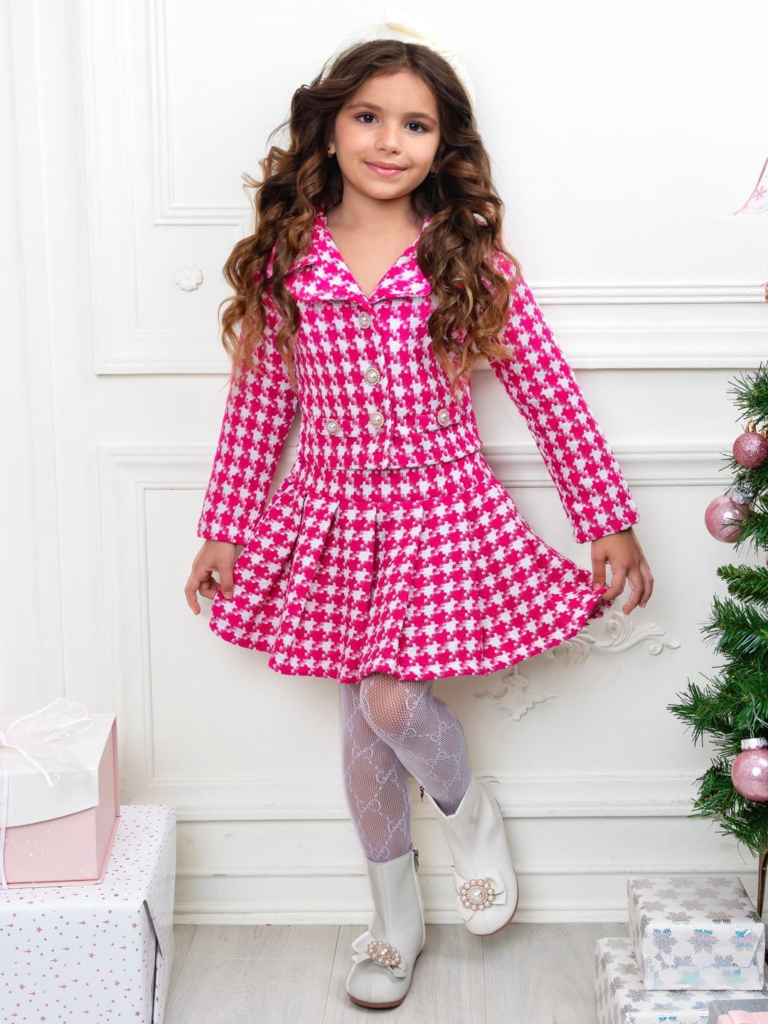 Pink Power Houndstooth Blazer And Pleated Skirt Set