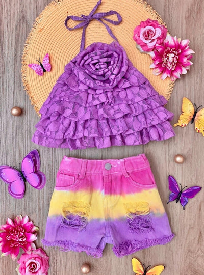 In Full Bloom Purple Rose Tiered Top And Shorts Set