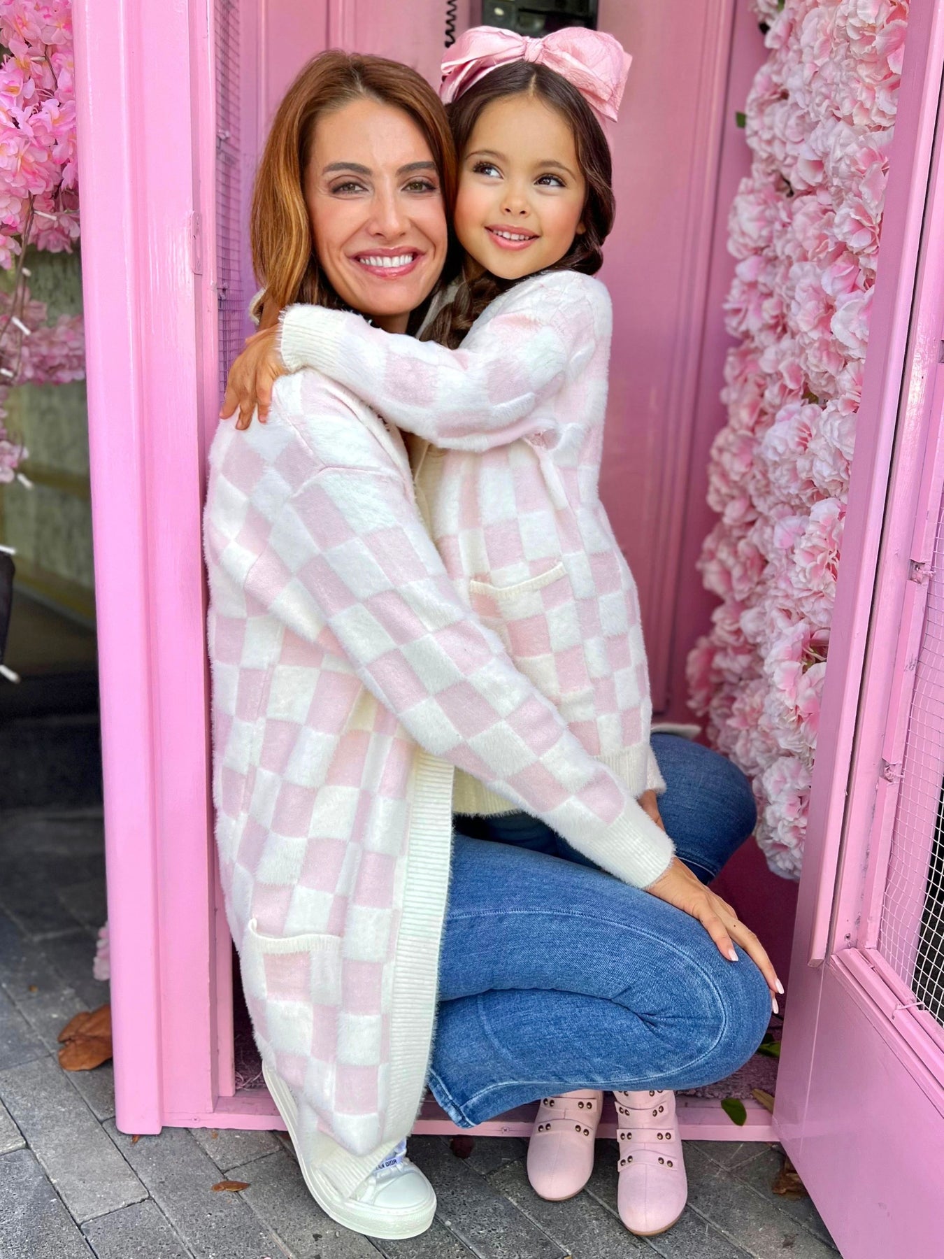 Mia Belle Girls Pink Checkered Open Cardigan | Mommy & Me Outfits
