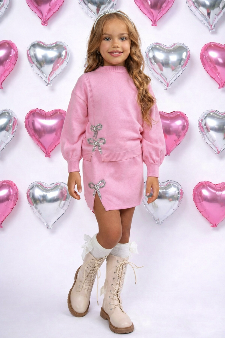 Shine & Slay Pink Bow Knit Sweater and Skirt Set