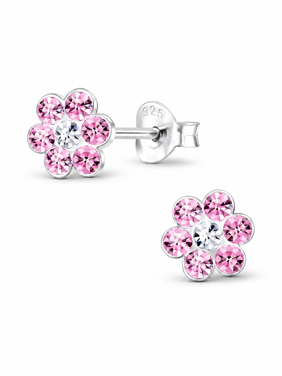 Sterling Silver Stud Earrings Crystal Pink Flower Mia Belle Girls