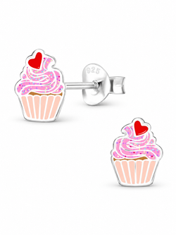 Sterling Silver Stud Earrings Enamel Cupcake